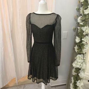 Black/Gold Shimmer Long Sleeve Fit Flare Holiday Christmas Mini Short Dress Sz S